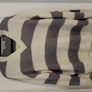 Allsaints LOU Charcoal and Cream Striped V-Neck Sweater